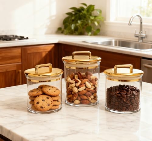 Acrylic Bathroom Storage Jar with Gold Lid – Airtight Clear Canister for Qtip Holder, Cotton Pad Jar, Bath Salt Container, Candy & Snack Canister, Vanity & Countertop Organizer 4.8"