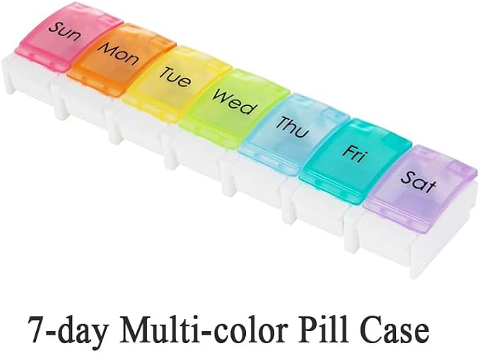 7 Day Pill Case Organizer, Large Daily Medicine Box Dispenser Box | Colorful Travel 7 Dividers Vitamin Holder with Easy Push Button for Medication, Supplement, Fish Oil, Cod Liver Oil, Capsules