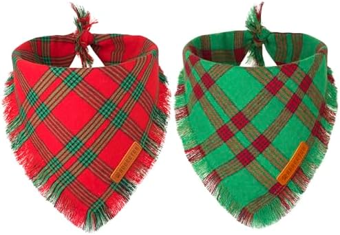 ADOGGYGO Christmas Dog Bandanas with Tassels, Red Green Plaid Pet Xmas Scarf Bib, Multiple Sizes, Christmas Bandana for Extra Large Dogs Pets (X-Large)