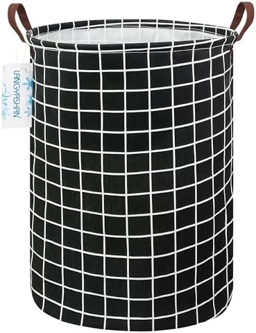 Round Laundry Basket Collapsible Storage Hamper Organizer Black Grid | Waterproof Canvas Foldable Baskets with sturdy Handles Multi-scene Organizer for Home Play Bedroom Gift Bin
