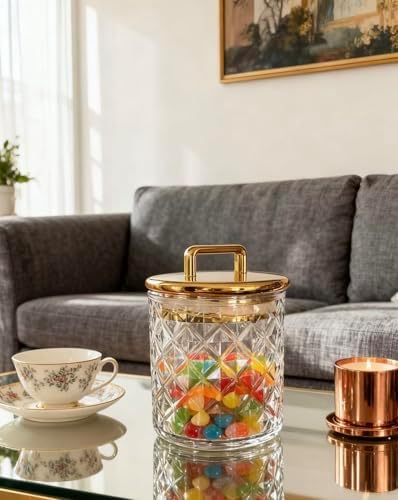 Acrylic Storage Jar with Gold Lid – Airtight Clear Canister for Bathroom & Vanity | Apothecary Jar for Qtips, Cotton Pads, Bath Salts, Snacks & Small Essentials 4.8"