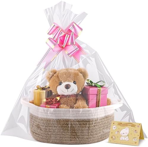 Small Woven Basket, 12" x 8" x 5" Gift Basket Empty with Ribbon and Gift Bag, Rope Basket for Baby Shower, Holiday Presents,Storage Basket with Handle for Nursery,Pet Toy Basket (White-Brown)