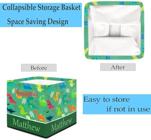 Personalized Storage Baskets for Organizing, Foldable Storage Bins with Handles Custom Cute Basket for Boys, Girls, Pet, Clothes, Blanket, Bedroom Nursery Toy Storage Gift,13 x13 x13 In,Dinosaurs