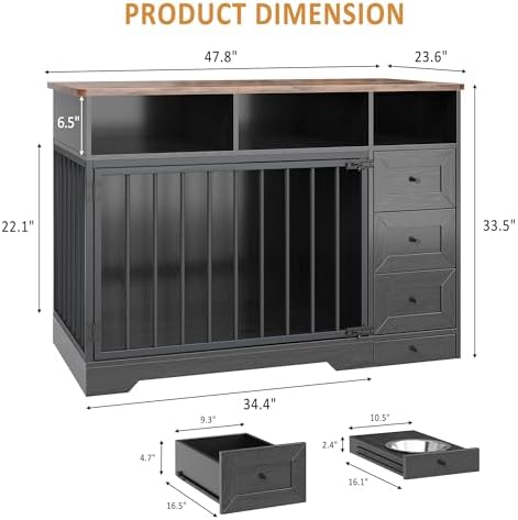 IDEALHOUSE 48'' Dog Crate Furniture with Bowl & Storage Drawers, Farmhouse Heavy Duty Dog Kennel Table for Small Medium Dogs, Indoor Wooden Dog Cage for Living Room, Entryway, Black
