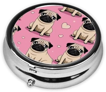 ZhongGuo Funny Cartoon Pug Puppy Dog Printed Pill Organizer,Round Travel Pill Organizer Mini Medicine Pill Box for Purse Iron Plating