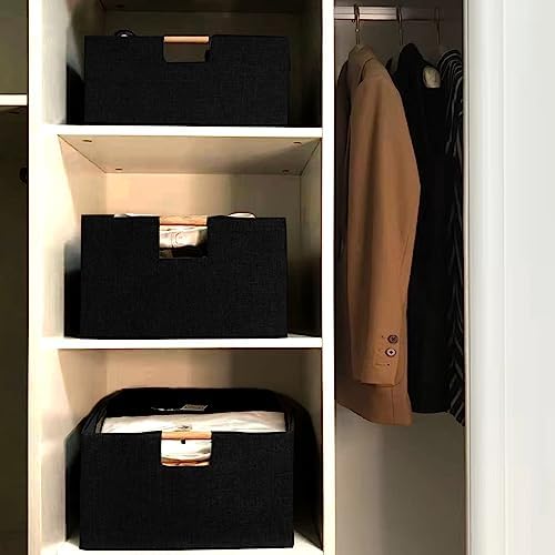 xianshengle Fabric Storage Basket for Shelves, Collapsible Storage Bins with wood Handles, Rectangle Closet Baskets, Wardrobe Organiser, for Sorting Clothes, Family Items (Black) (2)