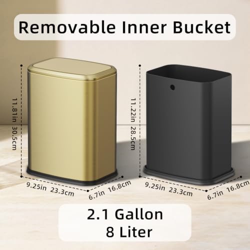 8L/2.1 Gallon Small Bathroom Trash Can with Lid, Swing-Top Rectangular Waste Bin, Stainless Steel Garbage Can for Home, Office, Toilet, Bedroom, Living-Room (Gold)