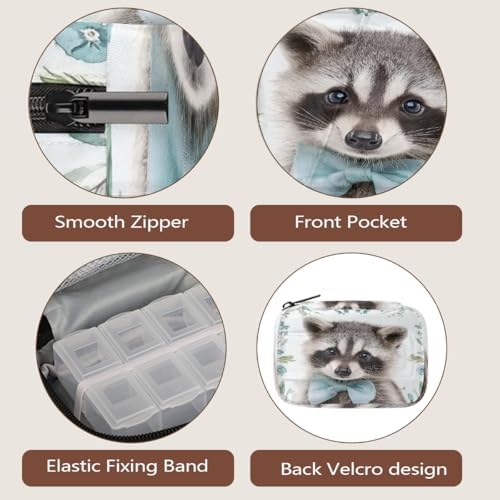 Weekly Pill Organizer Travel Size Bag with Removable 7 Day Pill Box Portable Vitamin Case Purse with Zipper,Raccoon Light Blue Bow