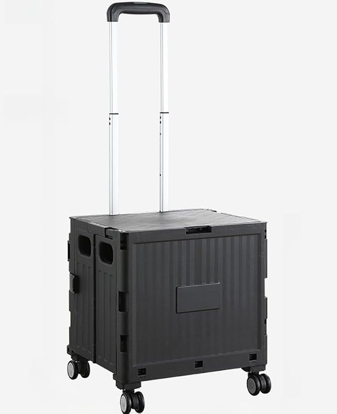 Collapsible Shopping Box Trolley on Wheels with Lid,75L Large Capacity Folding Portable Rolling Crate Handcart with Telescopic Handle for Camping (Black,Four Wheel)