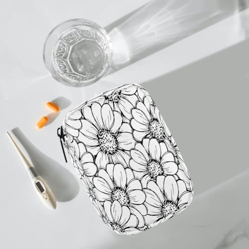 Pill Organizer Box Black and White Lines Sunflower 7-Day Weekly Medicine Pill Case Travel Pill Container Portable Pill Holder Storage Purse Bag Small Compact Size for Vitamin Supplement Birth Control