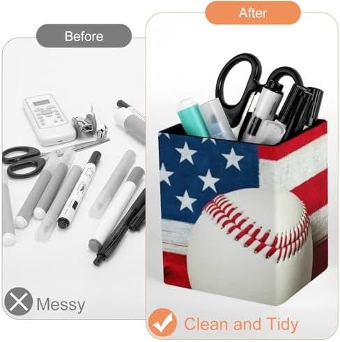 Women's Pen Cup Pencil Holder Makeup Brush Storage Baseball Rustic Wooden American Flag Leather Desk Organizer