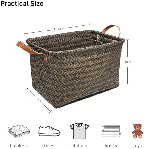 GIB Wicker Woven Storage Baskets for Organizing Blankets Laundry Shelves | Clothes Hamper, Large Closet Storage Bins Organizer, Living Room Toys Shoes Organization, Plastic Rattan, Espresso, 4 Pack