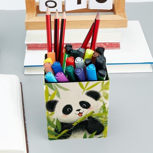 Panda Pen Holder for Desk Decor, Rectangular PVC Leather Pencil Cup for Desk Pen Organizer, Makeup Brush Holder for School, Home, Office