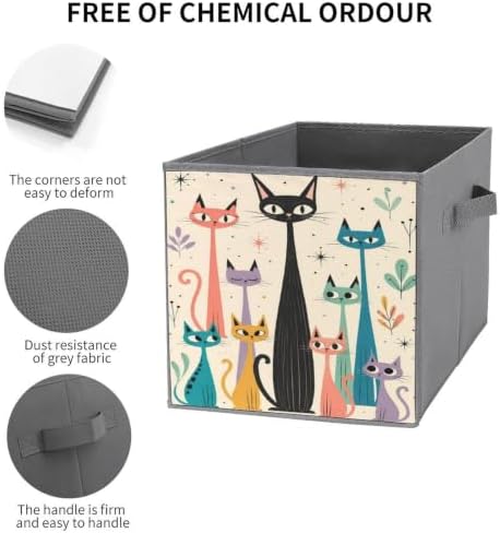 Colorful Cats Art Storage Bin with Handles, Oxford Fabric Foldable Storage Cube Organizer for Clothes, Towels, Bedroom, Living Room, Home Organization