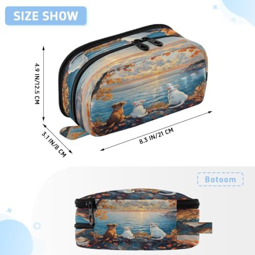 SUABO Pet Dogs Sunset Painting Pencil Case Large Pen Box Holder | Large Capacity Pencil Pouch Stationery Bag with Compartments, Transparent PVC Layer, School Office Supplies for Kids Adults