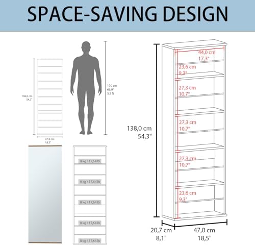 Shoe Cabinet with Mirror Modern Black Mirrored Shoe Storage Cabinet 67" Tall 5-Tier Shelves Narrow Shoe Storage Cabinet for Entryway Space Saving Furniture (Wall-Mounted, Oak)