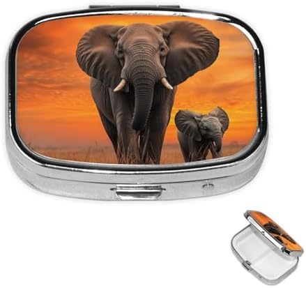 Pill Box 2 Compartment Medicine Pill Case for Pocket or Purse Mini Metal Pill Holder Cute Wild Elephant Pill Case Vitamin Organizer Portable Travel Pill Container to Hold Supplements Vitamins