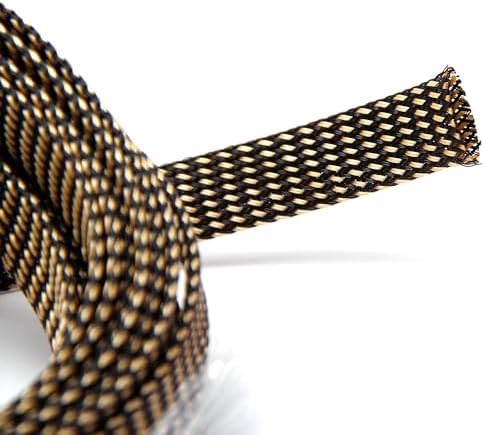 Bettomshin 1Pc 16.4Ft(5m) Cable Management Sleeve, 9/16"(14mm) Width PET Black & Gold Cord Protector, Wire Loom Tube Insulated Split Sleeving for USB Cable Power Cord Organizer Video Cable Hider