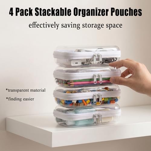 4 Pack Clear Hard Shell Zipper Case, Small Diaper Bag Organizer Pouches, Heavy Duty Crush-Proof Clear Zipper Pouches for Purse & Tote, Travel Makeup Bag for Toiletries, Electronics, Toys