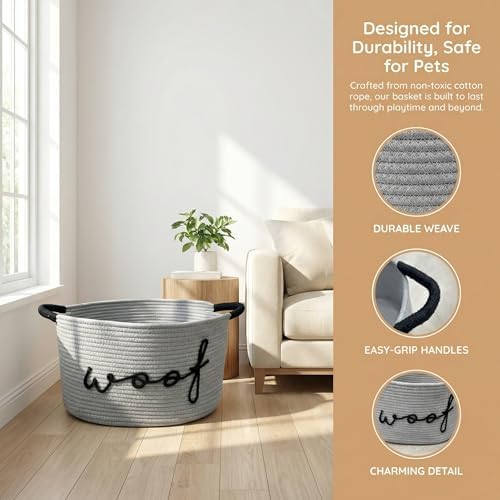 Premium Dog Toy Bin - Large Cotton Rope Pet Toy Basket with Durable Handles, Collapsible Storage Organizer for Puppy Chew Toys, Blankets and Accessories (Grey)