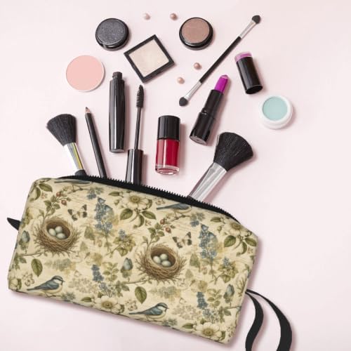 Bird Nest Botanical Toile Makeup Bag for Women, Cosmetic Pouch | Double-Sided Bird Nest Cosmetic Organizer with Foam Padding for Women, Travel, Gym, School, and Daily Storage