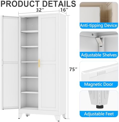 pozdeg 75" White Heavy Duty Metal Garage Storage Cabinet
