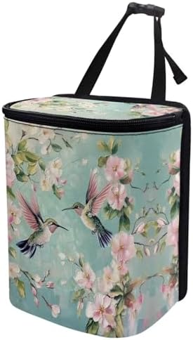 DISNIMO Spring Blossom Hummingbird Car Trash Can Car Accessories Organizer Garbage Bag Dustbin Container with Zipper Lid Waste Basket Storage Pockets Hanging Vehicle Trash Bin