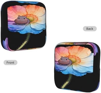 Multifunctional Feminine Care Pouch Watercolor Flowers Funny Hippo Art, Reusable Polyester Tampon Storage Bag, Fits Inside Purse for Travel Camping