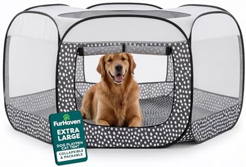 FurHaven Soft-Sided Dog & Cat Playpen, Portable Foldable Indoor & Outdoor Pet Playpen with Mesh Windows & Zippered Door, Gray Pebbles, Extra Large