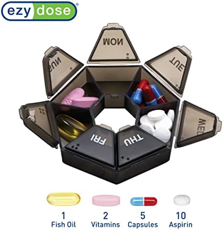 Ezy Dose Weekly (7-Day) Pill Organizer, 7-Sided Medicine Planner, Black | Compact Daily Round Vitamin & Supplement Medicine Case, Convenient and Easy to Use, Travel-Friendly Container, BPA-Free