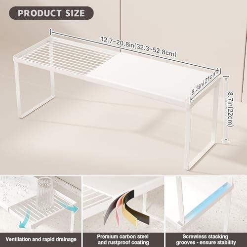 Magheo Expandable Kitchen Countertop Organizer, 2 Pack Stackable Cabinet Shelf Risers, Metal Spice Rack Heavy Duty Counter Organizer Storage for Kitchen, Pantry, Cupboard, Rv (8.7in Height,White)
