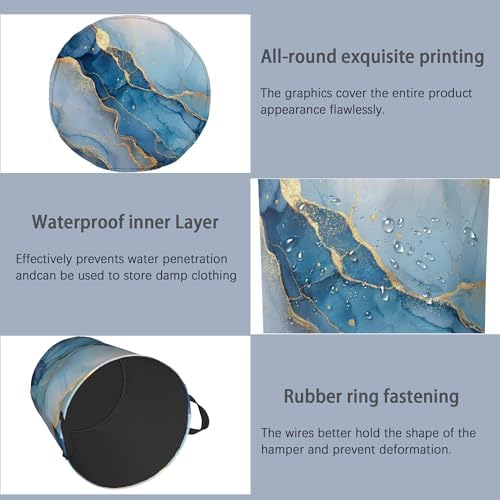Blue Gold Marble Laundry Basket,Foldable with Handles Tote Bag Oxford Cloth for Bathroom Bedroom Dirty Clothes Storage Bucket 16" x 20.8"