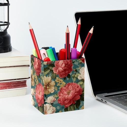 Beautiful Flowers Pen Holder for Desk Decor, Rectangular PVC Leather Pencil Cup for Desk Pen Organizer, Makeup Brush Holder for School, Home, Office