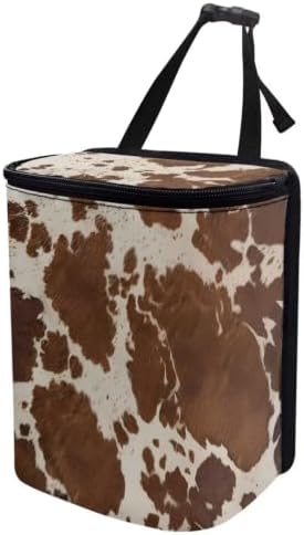 Brown Cow Print Car Garbage Can with Adjustable Straps Car Hanging Trash Can with Lid Multipurpose Portable Trash Bag for Cars SUVs, Trucks
