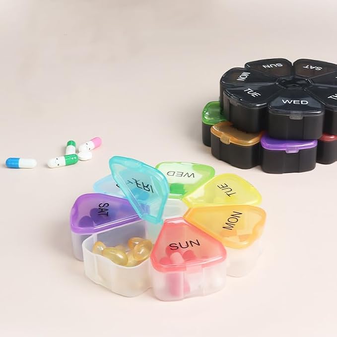 Travel Pill Organizer 7-Day Weekly Vitamin Medicine Case Dispenser | Portable Medication Box for Meds, Mineral, Fish Oil, DHA, Turmeric, Supplement, Capsule, 7 Compartment Daily Pill Reminder