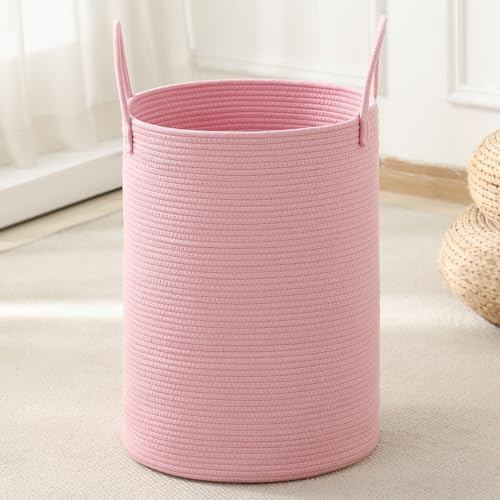 Laundry Basket Hamper Tall Rope Storage Woven for Blanket toys Dirty Clothes in Living Room Bathroom Bedroom (Pink, 100L/26.4Gal)