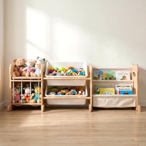 Toy Storage Organizer with 2 Shelves, 2 Bins and Stuffed Animal Storage, Playroom Toy Organizer Cabinet for Bedroom Decor, 46.3'' L