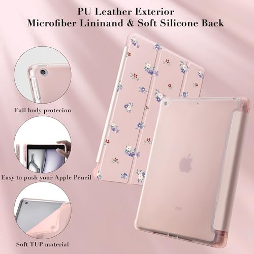 Cute Purple Flower Case for 8.3" iPad mini 6, Clear TPU Smart Stand Back Cover with Pencil Holder, Auto Wake/Sleep Foldable Four-Corner Shockproof Protective Case