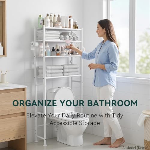 GloTika 4-Tier Over The Toilet Storage Shelves, White | 200lb Total Capacity, Metal Bathroom Organizer with 36" Clearance, Includes Paper Holder & 4 Hooks, Suit for Small Space