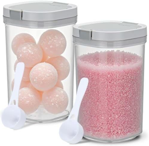 2 Pack Bath Salt Jar with Pop-Up Airtight Lid and Scoop, 1.8L Plastic Airtight Storage Canister Bathtub Accessories for Bathroom Salt, Flour, Candy, Tea