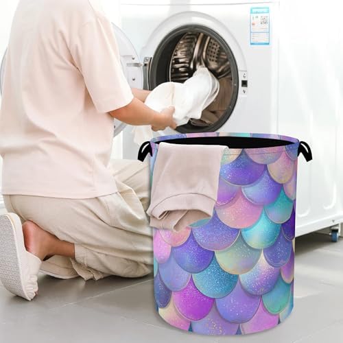Glitter Fish Scales Laundry Hamper,Mermaids Dirty Clothes Laundry Basket with Handles Waterproof Oxford Cloth Storage Basket for College Dorms Bathroom Bedroom 16" x 20.8"