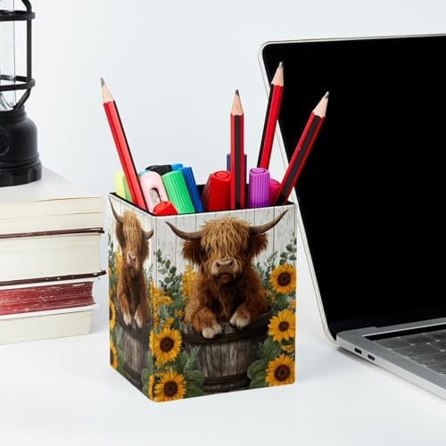 Highland Cow Pen Holder for Desk Decor, Rectangular PVC Leather Pencil Cup for Desk Pen Organizer, Makeup Brush Holder for School, Home, Office