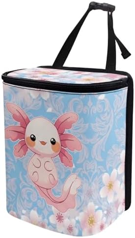 DISNIMO Cherry Blossom Axolotl Car Trash Can with Lid Cute Car Accessories Leak Proof Car Trash Bag Hanging Car Garbage Can Multipurpose Storage Container for Back Seat Road Trip