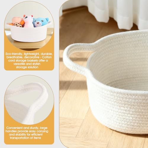 Small Woven Cotton Rope Basket for Gift with Bags and Ribbons, Durable Baskets for Christmas Halloween Gifts Empty, Storage Basket for Shelf with Handles, 12" X 8" X 5", White