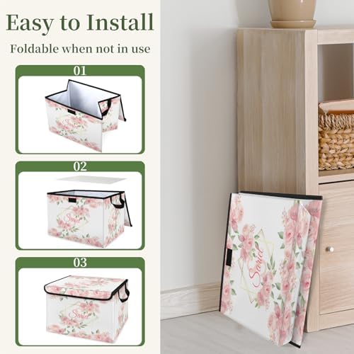 Pink Floral Storage Bin with Lid Personalized Storage Baskets for Organizing Foldable Closet Organizers with Handles,Cute Basket for Boys Girls for Clothes Blanket Pet Dog Toy Basket Storage (1 Pack)