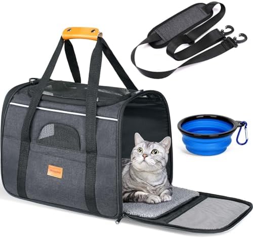 Morpilot Cat Carrier - Cat Carrier Soft for Small or Medium Cats up to 20lbs, with Sided Cushion, Secure Buckle and Foldable Bowl, Dog Carriers for Small Dogs (Dark Gray)