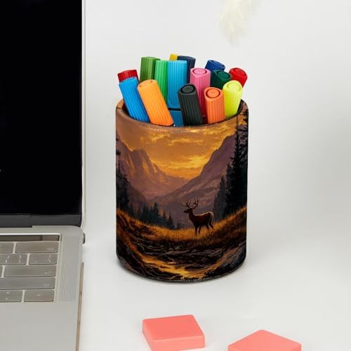 Faux Leather Pen Holder for Desk, Pencil Organizer Sunset and Deer Pen Cup Desk Decor Makeup Brush Holder Storage for Office Home
