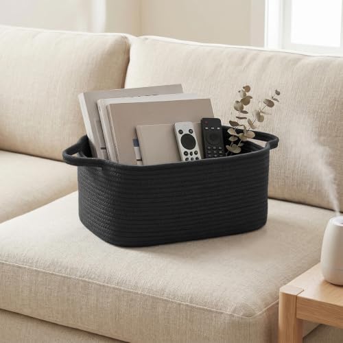 Large Black Basket for Gifts, 16.5" x 12.5" x 7" Big Woven Gift Baskets Empty, Cotton Rope Bin for Clothes, Towels, Cute Kids Dog Toy Storage Bin Box, Decorative Wicker Shelf Closet Organizer