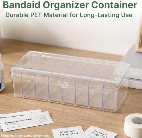 Bandaid Organizer Container, Band Aid Organizer Box, Bandaid Storage Organizer, Bandage Organizer with Lid, Travel Bandaid Case for Elastic Bandage Wrap, Cotton Swabs(Transparent)