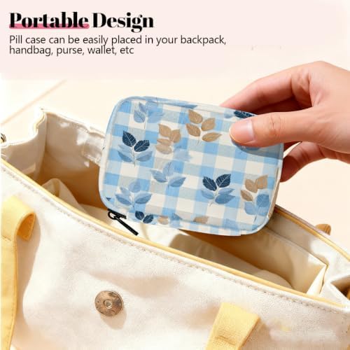 Travel Pill Organizer Blue Checkered Autumn Leaf Small Pill Case